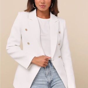 Lulu's Chic White Double-Breasted Blazer